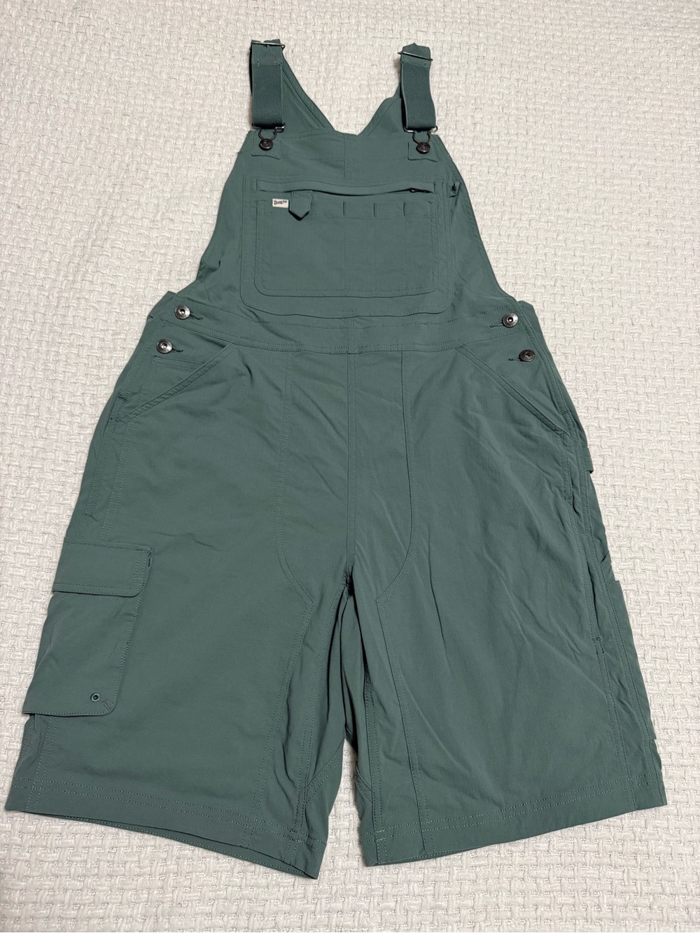 Duluth Trading Company Heirloom Gardening Short Overalls in sage green. Medium.